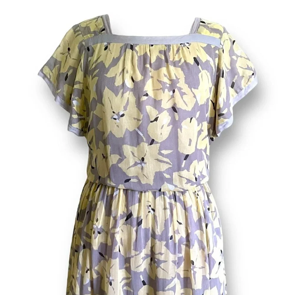Vintage 80s Womens Midi Dress Sz M Gray Yellow Floral Boho Blouson Cotton Gauze - Picture 4 of 11